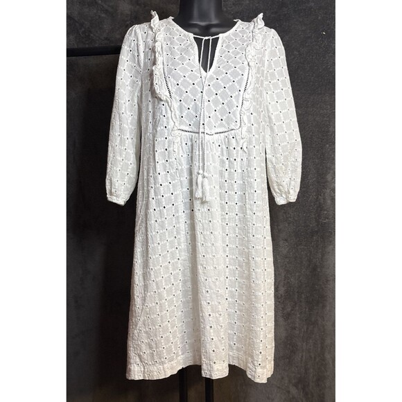 Anthropologie Thames Dress White Eyelet Cotton Womens 4 3/4 Sleeve Mini Boho - Picture 2 of 10